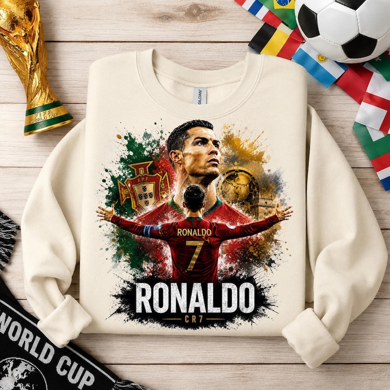 May include: A cream-colored crewneck sweatshirt featuring a graphic print of Cristiano Ronaldo. The design includes a portrait of the athlete, a back view of a player in a red number 7 jersey, the Portugal national crest, and the text RONALDO CR7.