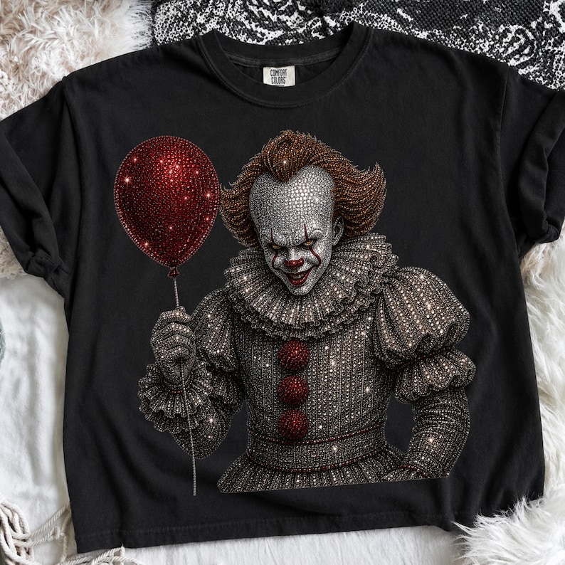 May include: A black short-sleeved t-shirt featuring a graphic of a clown with a white face, red makeup, and a ruffled collar. The clown is holding a red balloon. The entire graphic is rendered in a sparkling, rhinestone-like texture.