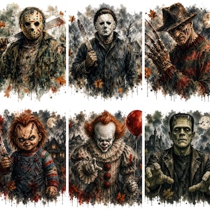 May include: A set of six watercolor-style illustrations featuring iconic horror characters: Jason Voorhees with a machete, Michael Myers, Freddy Krueger with bladed gloves, Chucky holding a knife, Pennywise with a red balloon, and Frankenstein's monster.