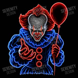 May include: A graphic illustration of a clown with a cracked white face, glowing orange eyes, and bright red hair. The clown wears a blue ruffled collar and suit with red accents, holding a red balloon. The text SERENITY DESIGN appears repeatedly.