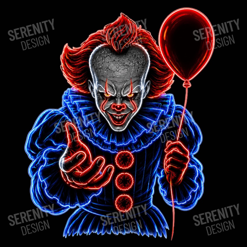 May include: A graphic illustration of a clown with a cracked white face, glowing orange eyes, and bright red hair. The clown wears a blue ruffled collar and suit with red accents, holding a red balloon. The text SERENITY DESIGN appears repeatedly.