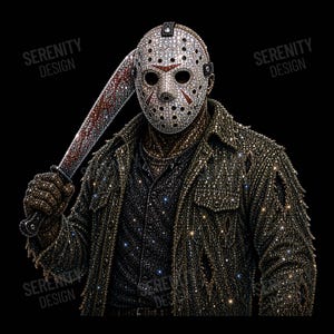 May include: A hockey mask and jacket covered in sparkling rhinestones, featuring a figure holding a baseball bat. The mask has a white base with red accents and multiple circular holes. The text SERENITY DESIGN appears on the image.