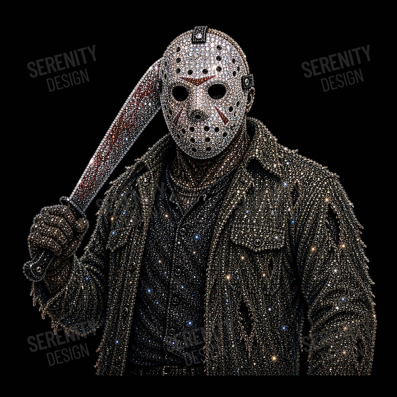 May include: A hockey mask and jacket covered in sparkling rhinestones, featuring a figure holding a baseball bat. The mask has a white base with red accents and multiple circular holes. The text SERENITY DESIGN appears on the image.