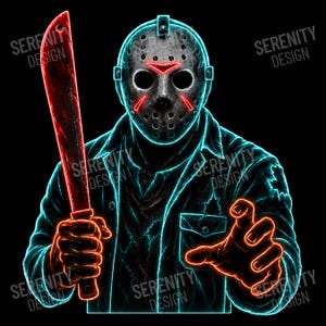 May include: A graphic illustration of a figure wearing a hockey mask with glowing red accents, holding a red machete. The figure wears a jacket outlined in neon blue light against a black background, with the text Serenity Design visible.