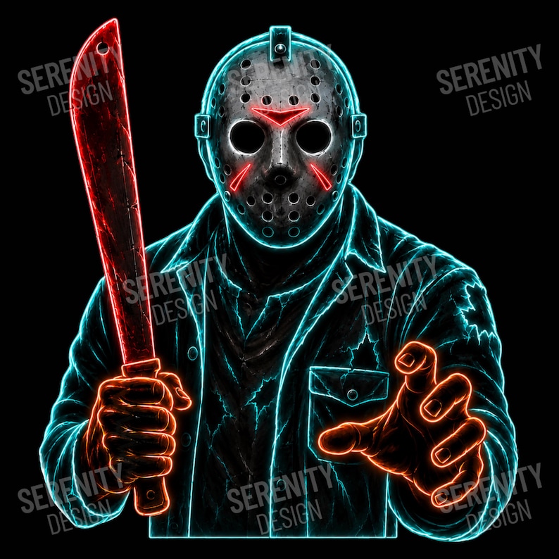 May include: A graphic illustration of a figure wearing a hockey mask with glowing red accents, holding a red machete. The figure wears a jacket outlined in neon blue light against a black background, with the text Serenity Design visible.