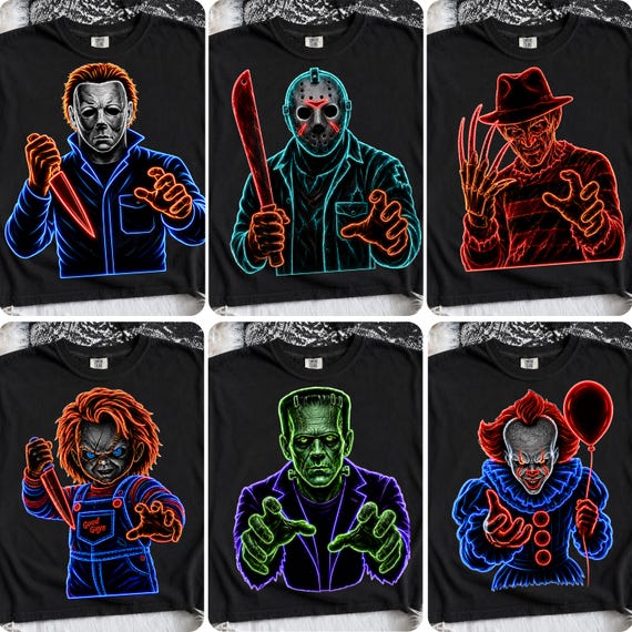 Preppy Horror Png Bundle | Neon Halloween Characters Shirt Design | Retro Spooky Season Sublimation | Digital Download