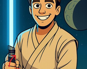 Retrato de dibujos animados de Star Wars personalizado / Arte de personaje Jedi con sable de luz, regalo mágico para familia o pareja, obra de arte de personaje única