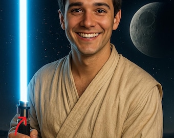 Retrato real personalizado de Star Wars/arte de personaje Jedi con sable de luz, regalo mágico para familia o pareja, obra de arte única.