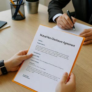 Op de afbeelding: Een persoon houdt een document met de titel "Mutual Non-Disclosure Agreement" met oranje randen vast. Een andere persoon in een pak schrijft op een soortgelijk document. Een pen, potloden en een kleine plant liggen op de houten tafel.