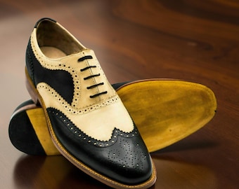 Mens Handmade Shoes Two-Tone Leather Oxford Brogue Formal Wingtip Lace Up Boots