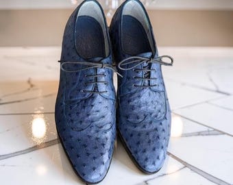 New Handmade Pure cow leather Blue with Ostrich texture Stylish Shoes for Men's