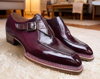 Handmade Leather Shoes Men's Burgundy Slip-On Formal Dress Party Shoe
