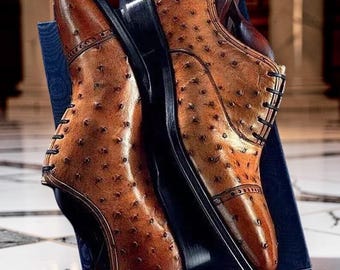 Handmade Leather Brown Tan Ostrich Texture Shoes Formal Men's Oxford Dress Shoes
