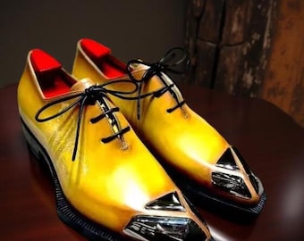 Unique Stylish Handmade leather Shoe, Yellow Two Tone Oxford Formal Dress Shoes