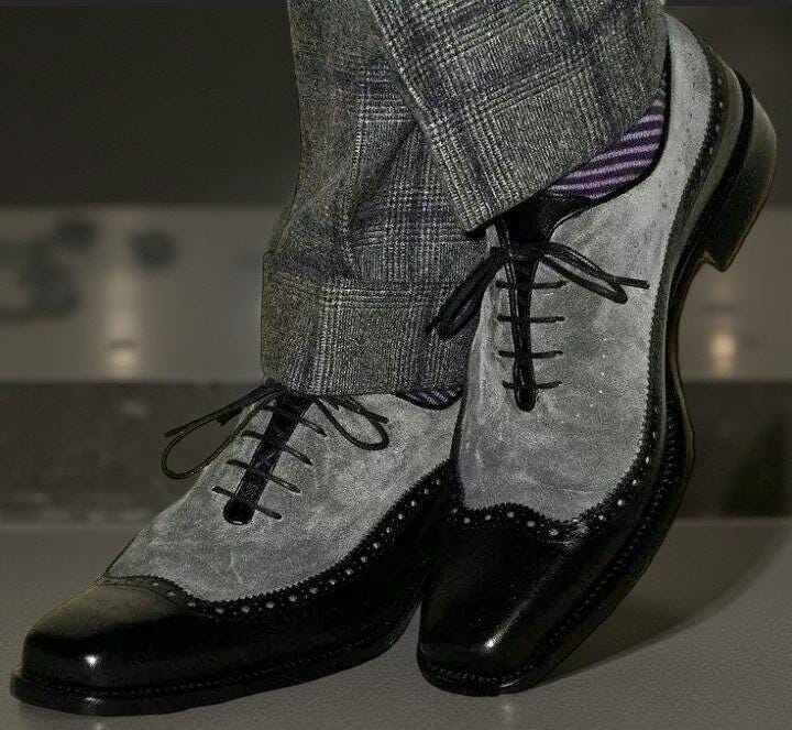 Men's Two Tone Black & Grey Wingtip Oxford Shoes -