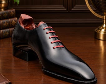 Pure Handmade Men's Black Calf Leather Oxford Whole Cut Chisel Toe Lace up Shoe