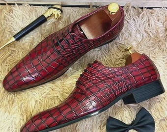 Handmade Leather Shoes Genuine Red Crocodile Pattern laceUp Formal Dress For Men