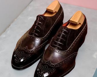 New Handcrafted Men Burgundy Leather Oxford Lace up Wingtip  display picture 1