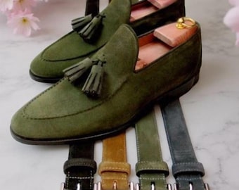Zapatos de ante con borlas únicos, hechos a mano y a medida, elegantes zapatos sin cordones para boda de hombre.