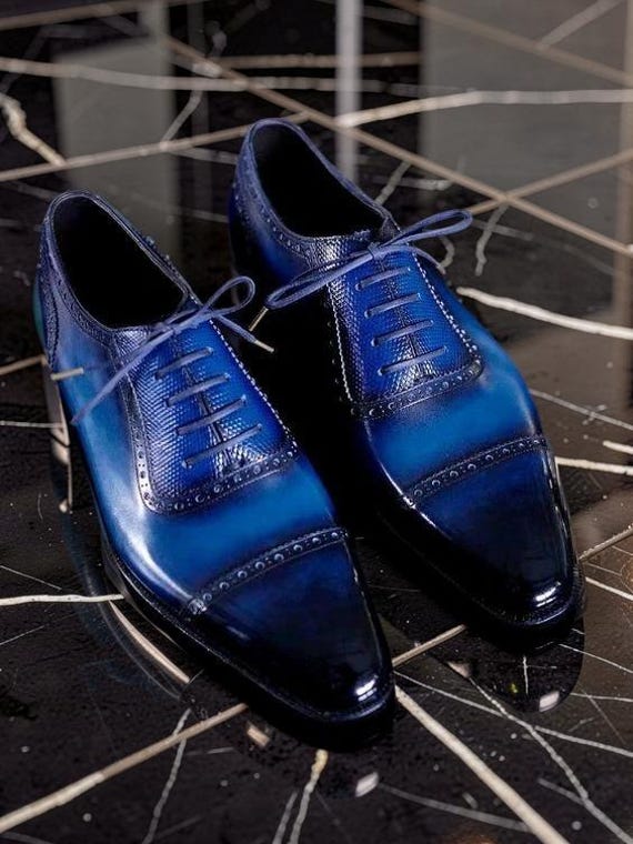 Handmade Formal Blue Leather Cap-toe Oxford Dress for Men Customize Men's Shoes
