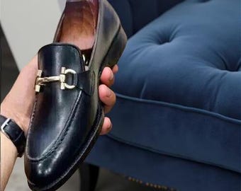 Handmade Black Leather Shoes Formal Slip On Dress Loafer Slip