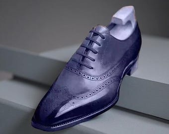Handmade Leather Oxford Lace up Dress Blue Shaded Boots  display picture 1