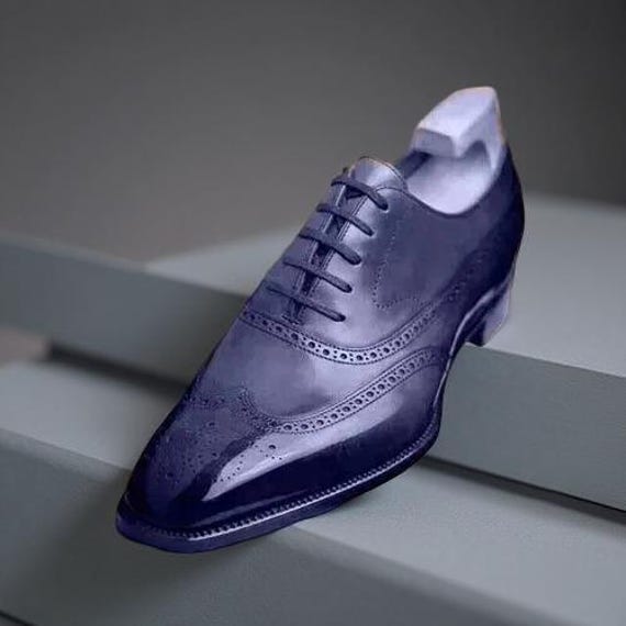Handmade Mens Blue Leather Oxford Lace up Wingtip Formal  display picture 1