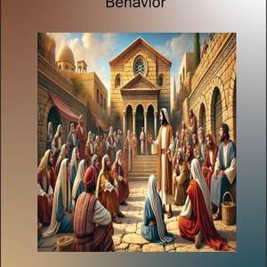 Pode incluir: Capa de livro com o título "GET WISDOM" e o subtítulo "A Biblical Guide to Understanding Behavior". A imagem mostra uma cena bíblica com uma figura falando para uma multidão.