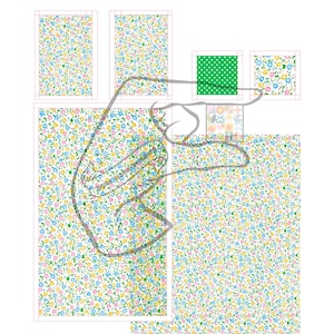 Pode incluir: Várias amostras de tecido com padrões florais em azul, amarelo e rosa sobre um fundo branco. Uma amostra apresenta um fundo verde com bolinhas brancas. A imagem mostra diversos designs de tecido.