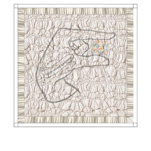 May include: Cream-colored, textured baby blanket with a satin border. The blanket features a gathered, ruched design across the surface. The satin border is a light champagne color. The overall aesthetic is soft and delicate, suitable for a nursery.