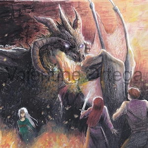 May include: A fantasy art print depicting a large dragon facing a group of people. The dragon is dark with large horns and wings. A woman with a sword stands ready. The scene is set in a fiery environment.