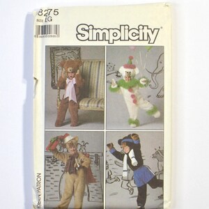 May include: Simplicity sewing pattern 8275 in size LG. The envelope features four illustrations of costumes: a brown bear with a pink bow, a white clown bear with green ruffles, a tan bear with a red scarf, and a black and blue bear costume.
