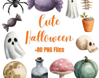 Watercolor Halloween Clipart Bundle – Kawaii Ghost, Vampire, Frankenstein (PNG, Commercial Use)