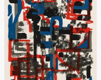 Individueller Zeitgenössische Kunst Wollteppich Schwarz Rot Blau - Handgefertigtes abstraktes Design