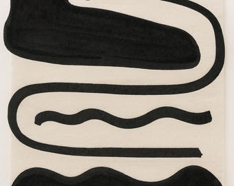 Individueller Zeitgenössische Kunst Wollteppich in Schwarz & Elfenbein - Handgefertigtes abstraktes Design