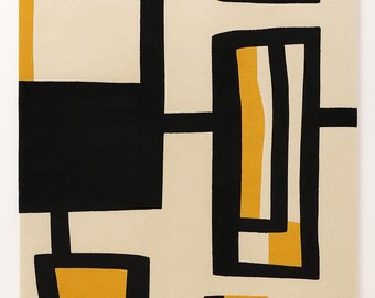 Individueller Zeitgenössische Kunst Wollteppich Schwarz & Gelb – Handgefertigtes abstraktes Design