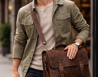 Bolso para portátil de piel marrón, bandolera para hombre hecha a mano, maletín de oficina, bolso de trabajo minimalista, regalo profesional de negocios para él.