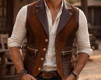 Men's Crocodile Embossed Leather Vest – Vintage Style Cowhide Waistcoat Brass Buttons YKK Zip