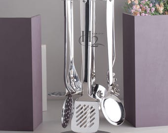 Stainless Steel Kitchen Utensil Set 13 Inch with Stand | Cooking & Serving Tools | Modern Kitchen Essentials
