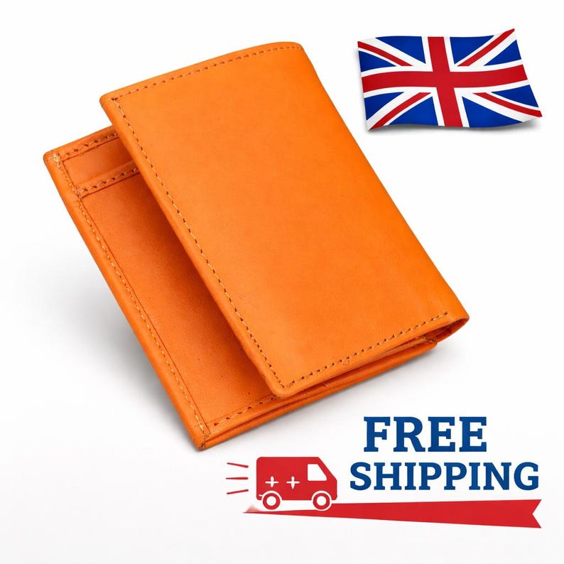 Puede incluir: Cartera de cuero naranja brillante con borde cosido. La cartera se muestra abierta. La imagen tambi&eacute;n incluye una peque&ntilde;a bandera brit&aacute;nica y el texto "FREE SHIPPING" con un gr&aacute;fico de un cami&oacute;n de reparto.