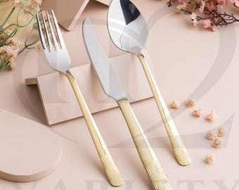 Half Gold Stainless Steel Cutlery Set, Luxury Dining Utensils, Modern Elegance