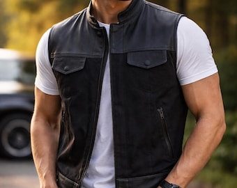 Men’s Black Genuine Leather & Cordura  Motorcycle Vest, Biker Riding Waistcoat, Sleeveless Rider Jacket, Style Vest Gift for Him