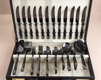 Luxury Black Plated , Black Lines 92 pieces Stainless Steel Cutlery Set for Dinning
