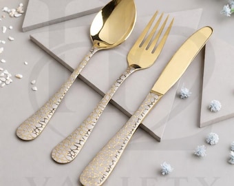 Luxury Stone Gold Plated Cutlery Set | 92-Piece Stainless Steel Dinnerware, Wedding Gift Box