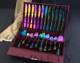 Luxury Multi-Colour Stainless Steel Cutlery Set, 92 pieces Rainbow Flatware, Tableware, Gift Box