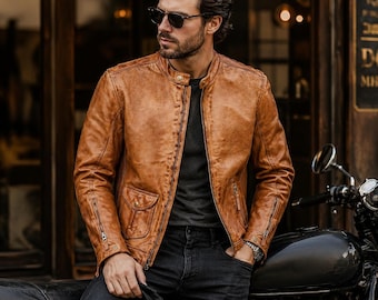Men's Genuine Cowhide Brown Leather Motorcycle Jacket | Waxed Finish Biker Coat with Removable Protective Armor