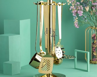 Gold Kitchen Utensils Set 13 Inch |Gold Finish Stainless Steel Cooking utensil Set with Stand | Housewarming gift | luxury kitchen gift
