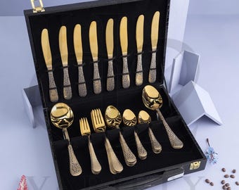 Luxury Stone Gold Plated Cutlery Set | 92 Piece Stainless Steel Tableware (Serves 12)