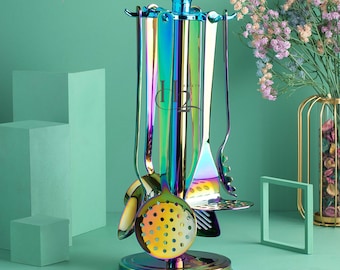 Multi Colour Kitchen Utensil Set 13 Inch with Stand | Stainless Steel Cooking Tools | Colourful Modern Kitchen Accessories