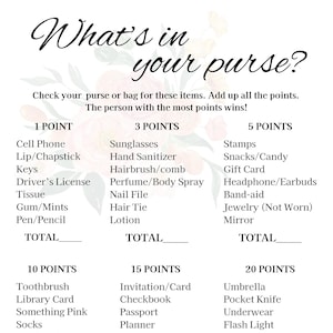Peut inclure: Une carte de jeu blanche avec le texte "What's in your purse ?" et une liste d'objets avec des valeurs en points. La carte comprend des catégories telles que "Cell Phone", "Sunglasses" et "Umbrella". Des motifs floraux sont présents.